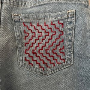 One of a kind denim cutoffs size 10, custom Hand embroidered